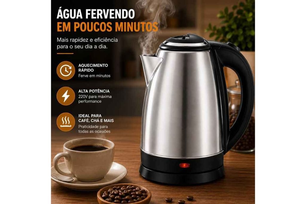 Chaleira Elétrica 1.8 Litros Inox Desligamento Automatico Cor Aço 110V Aquecimento Rápido Segura Café Chá Fácil Abertura Premium GT