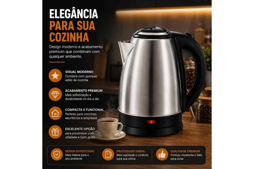 Chaleira Elétrica 1.8 Litros Inox Desligamento Automatico Cor Aço 110V Aquecimento Rápido Segura Café Chá Fácil Abertura Premium GT